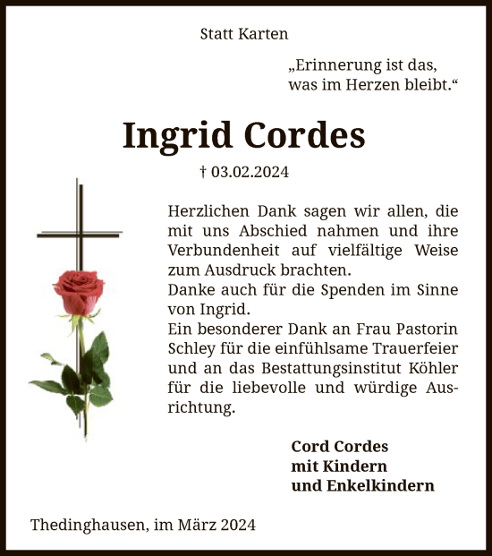 Traueranzeige von Ingrid Cordes von SYK