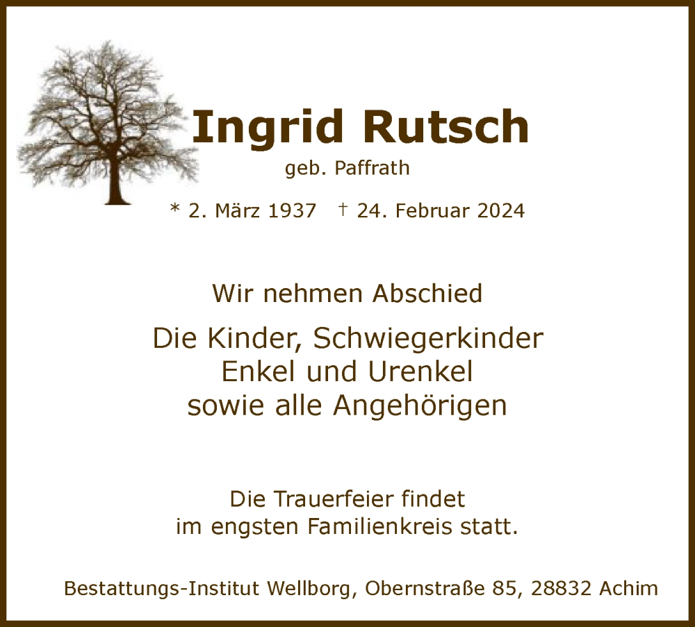  Traueranzeige für Ingrid Rutsch vom 09.03.2024 aus SYK