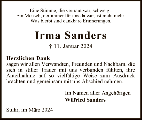 Traueranzeige von Irma Sanders von SYK