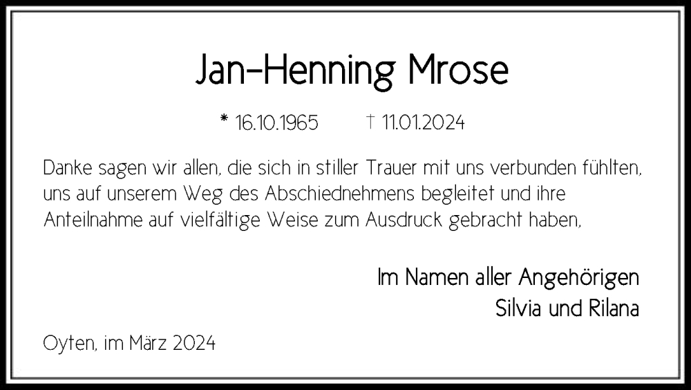  Traueranzeige für Jan-Henning Mrose vom 16.03.2024 aus SYK