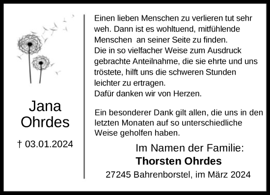 Traueranzeige von Jana Ohrdes von SYK