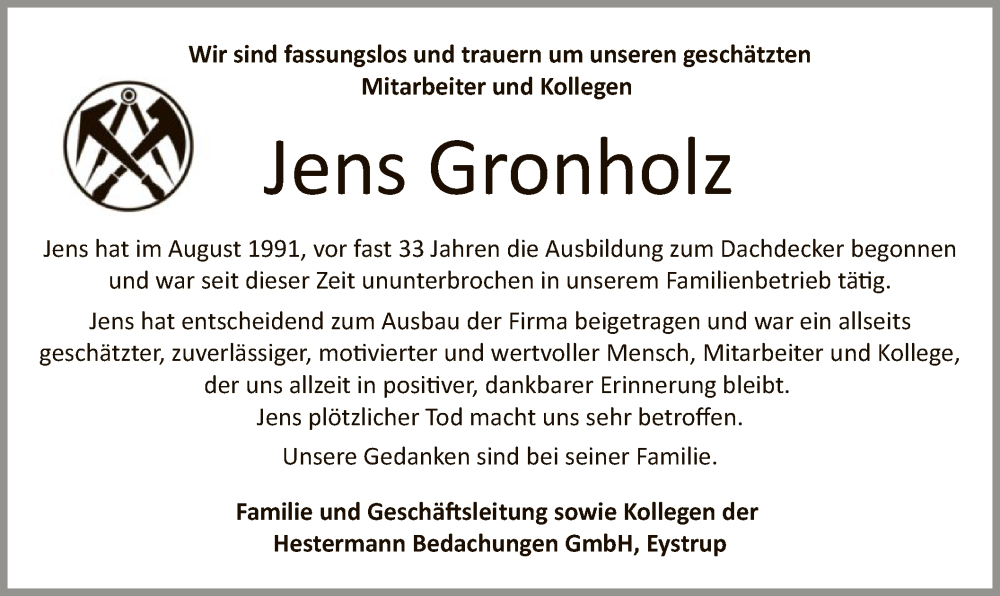  Traueranzeige für Jens Gronholz vom 16.03.2024 aus SYK