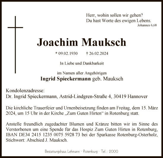 Traueranzeige von Joachim Mauksch von SYK