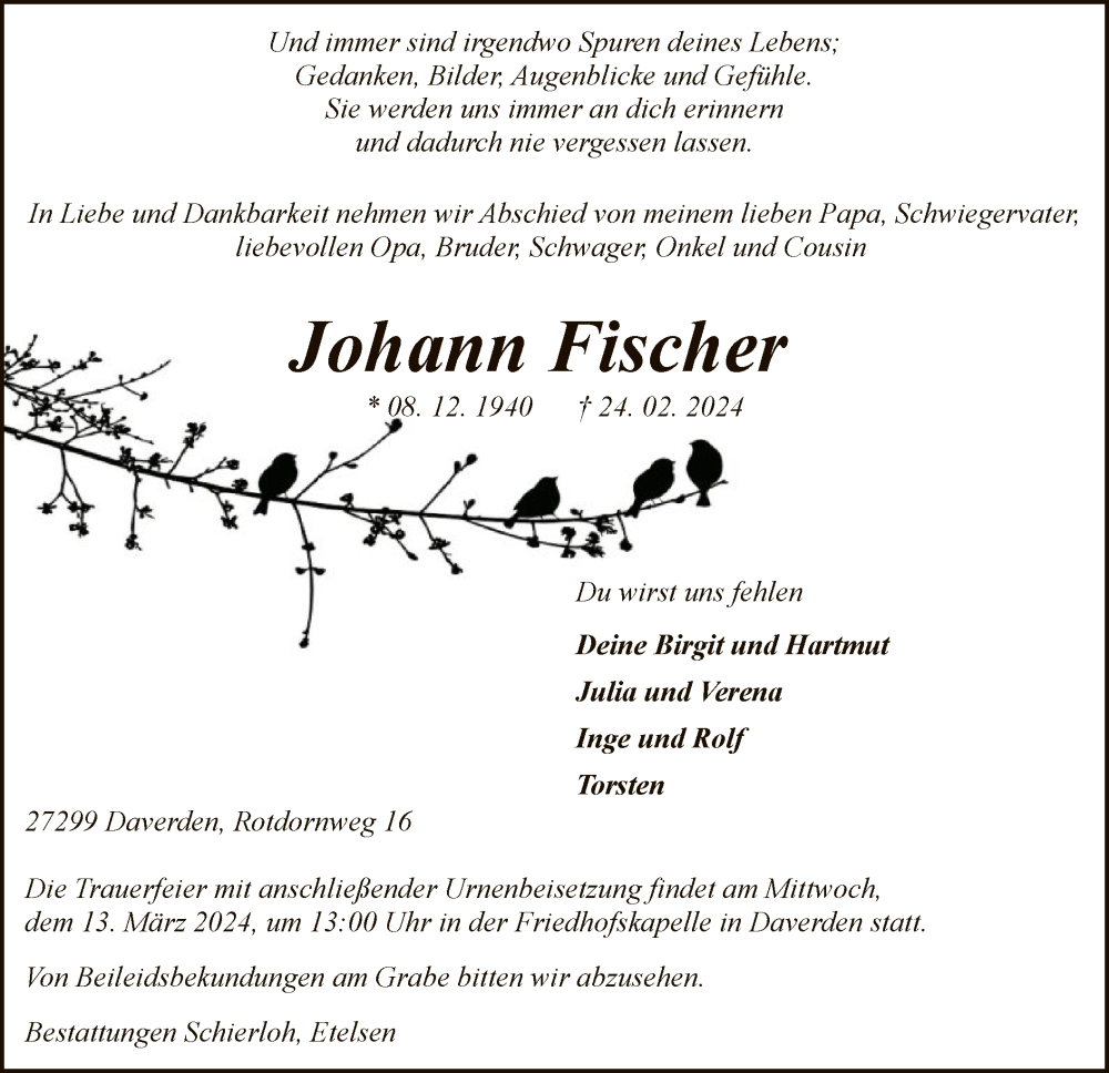  Traueranzeige für Johann Fischer vom 09.03.2024 aus SYK