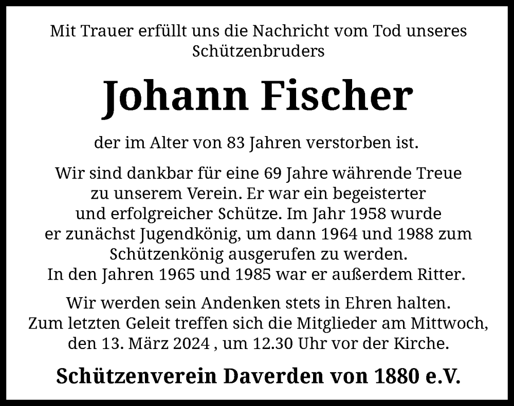  Traueranzeige für Johann Fischer vom 09.03.2024 aus SYK