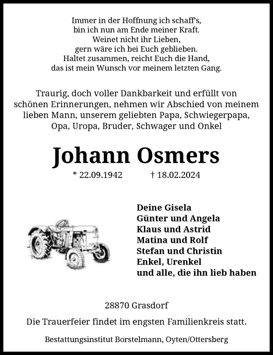 Traueranzeige von Johann Osmers von SYK
