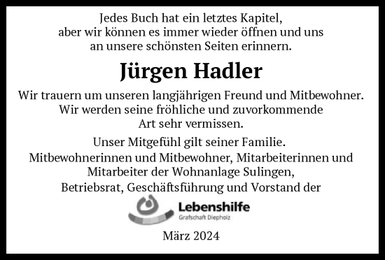Traueranzeige von Jürgen Hadler von SYK