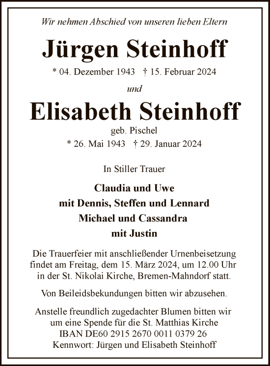 Traueranzeige von Jürgen und Elisabeth Steinhoff von SYK