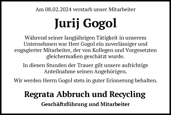Traueranzeige von Jurij Gogol von SYK