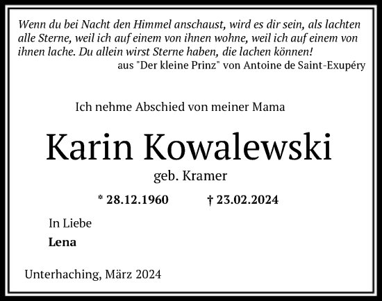 Traueranzeige von Karin Kowalewski von SYK