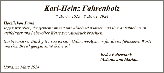 Traueranzeige von Karl-Heinz Fahrenholz von SYK