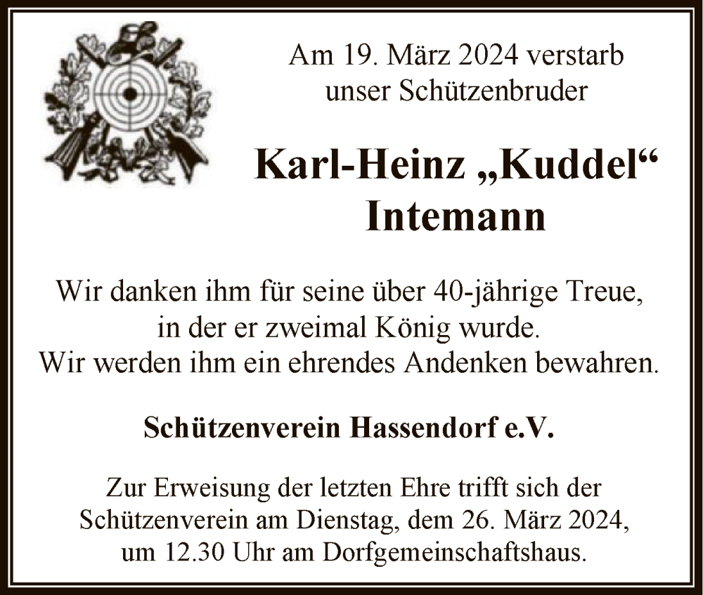  Traueranzeige für Karl-Heinz Intemann vom 22.03.2024 aus SYK