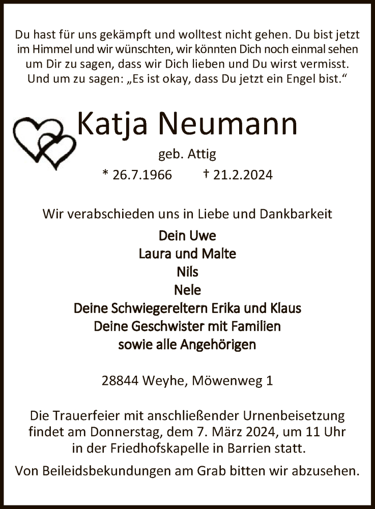  Traueranzeige für Katja Neumann vom 02.03.2024 aus SYK