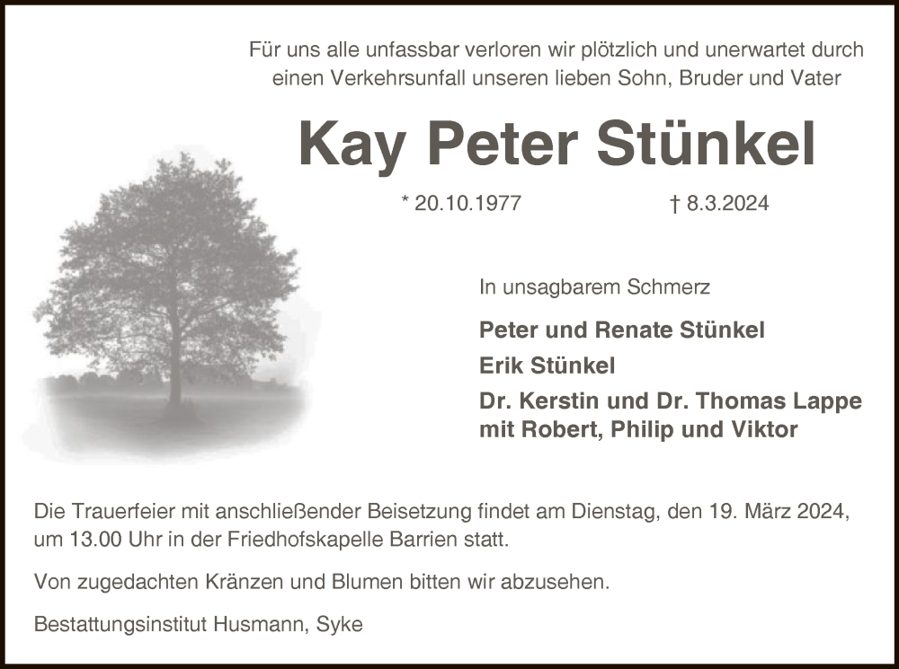  Traueranzeige für Kay Peter Stünkel vom 13.03.2024 aus SYK