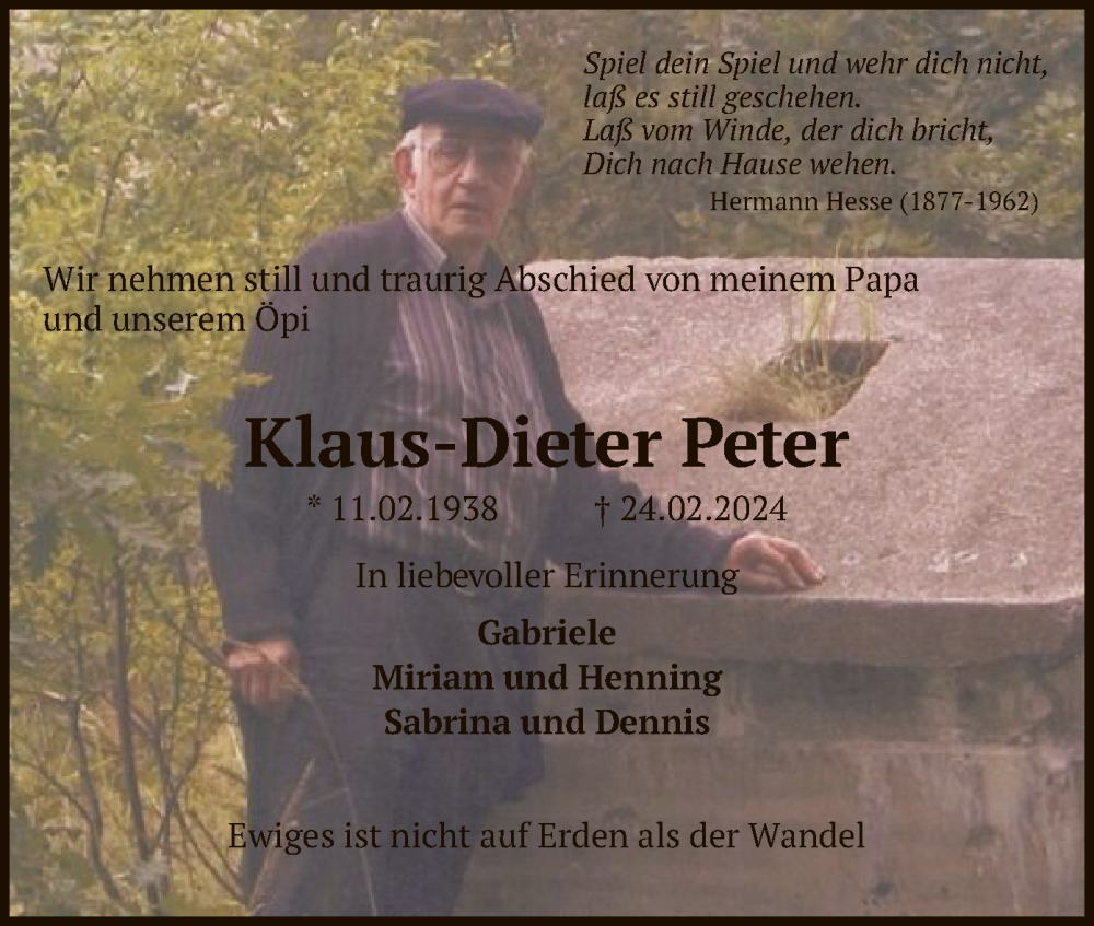  Traueranzeige für Klaus-Dieter Peter vom 02.03.2024 aus SYK