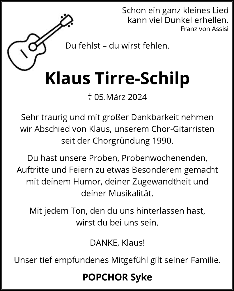  Traueranzeige für Klaus Tirre-Schilp vom 15.03.2024 aus SYK