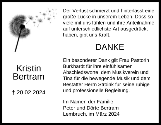 Traueranzeige von Kristin Bertram von SYK