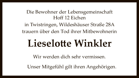 Traueranzeige von Lieselotte Winkler von SYK