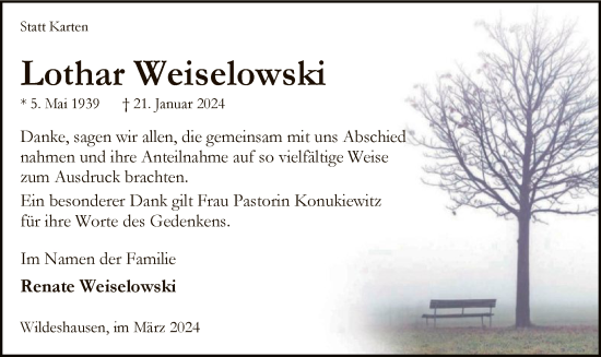 Traueranzeige von Lothar Weiselowski von SYK