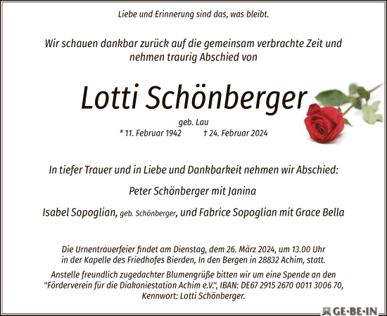 Traueranzeige von Lotti Schönberger von SYK