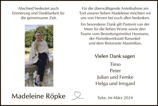 Traueranzeige von Madeleine Röpke