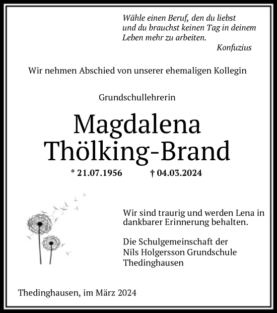 Traueranzeige von Magdalena Thölking-Brand von SYK