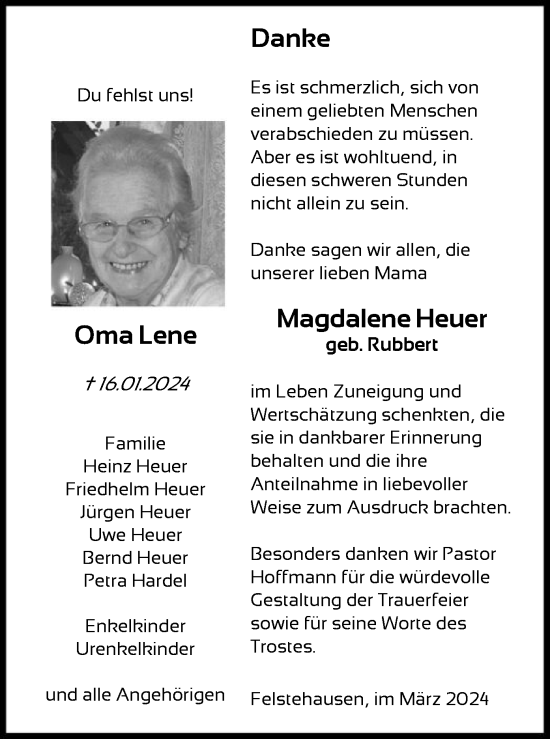 Traueranzeige von Magdalene Heuer von SYK