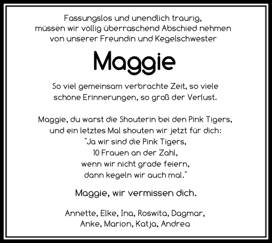 Traueranzeige von Maggie  von SYK
