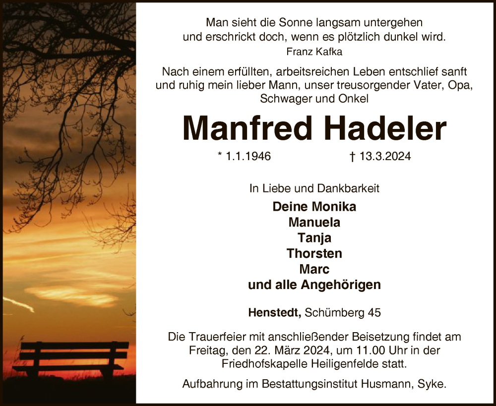  Traueranzeige für Manfred Hadeler vom 16.03.2024 aus SYK
