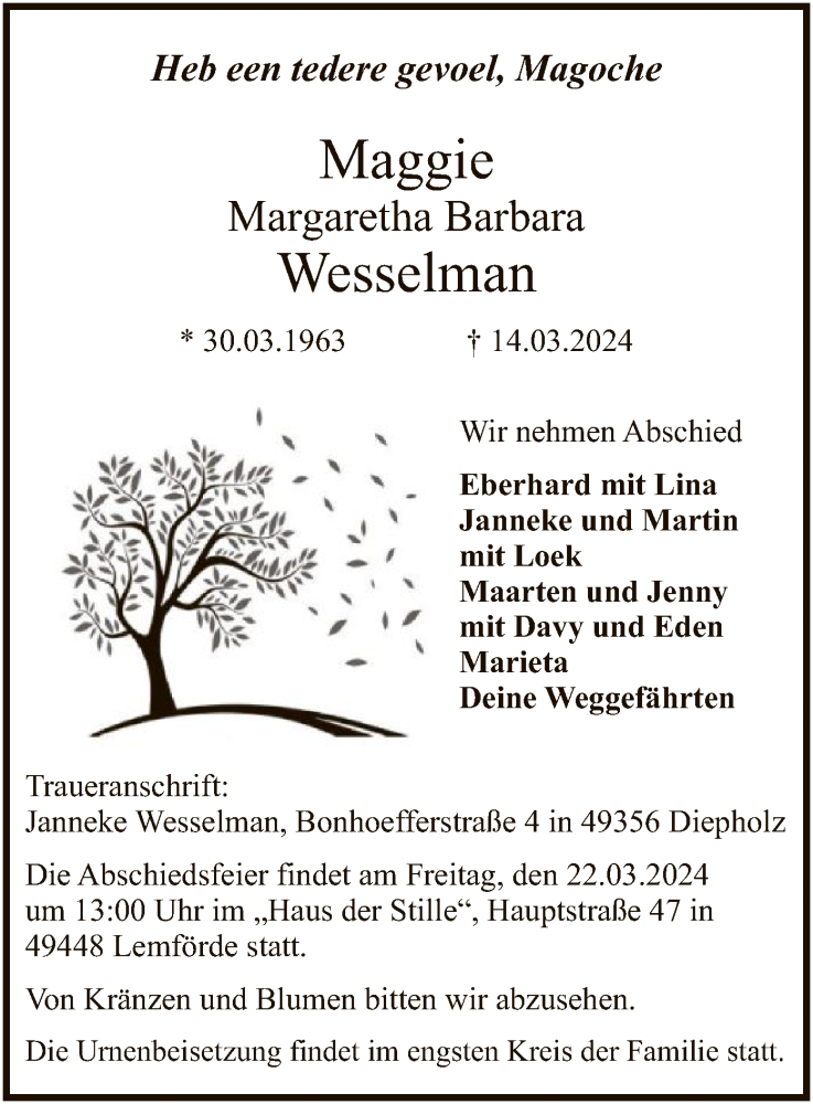  Traueranzeige für Margaretha Barbara Wesselman vom 19.03.2024 aus SYK
