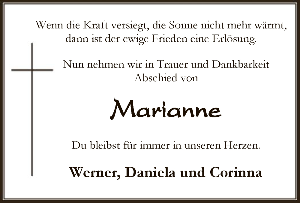  Traueranzeige für Marianne  vom 20.03.2024 aus SYK