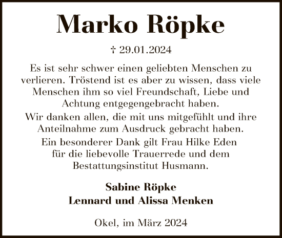 Traueranzeige von Marko Röpke