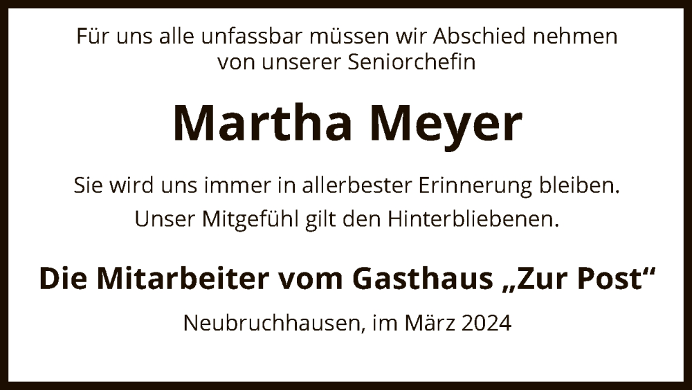  Traueranzeige für Martha Meyer vom 02.03.2024 aus SYK