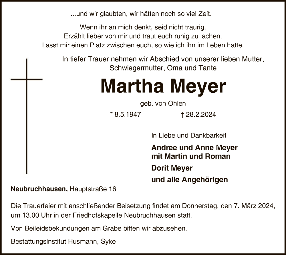  Traueranzeige für Martha Meyer vom 02.03.2024 aus SYKSYK