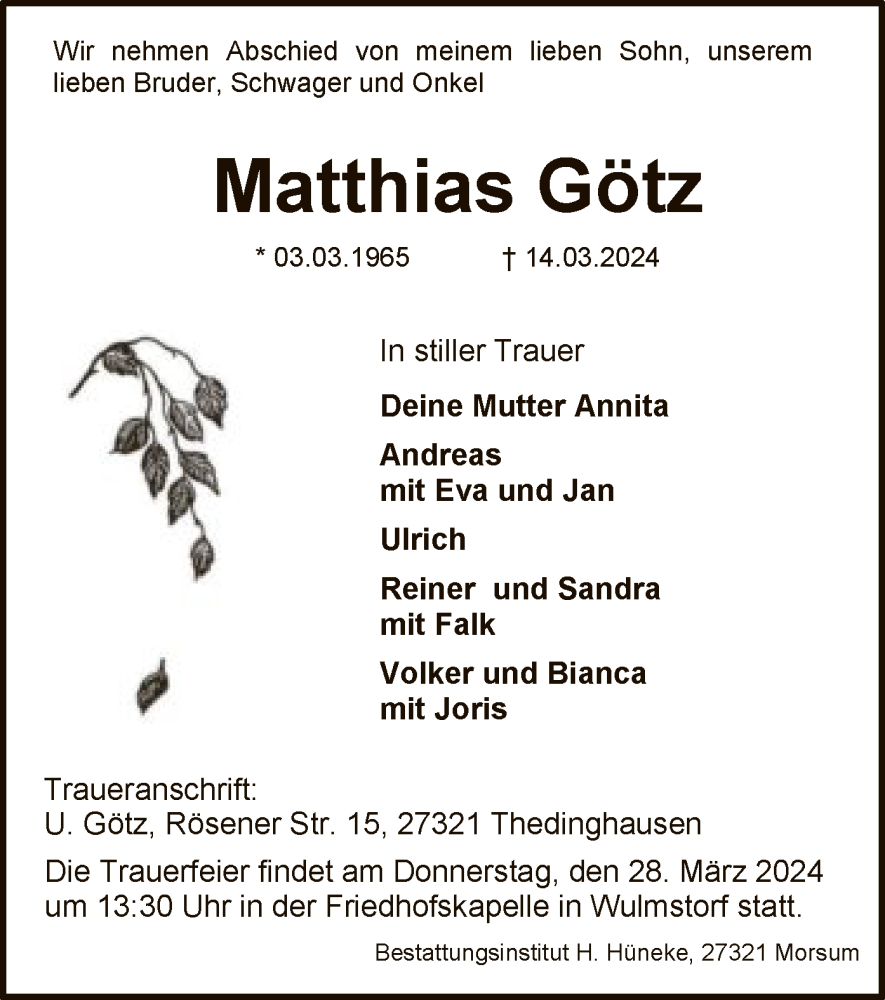  Traueranzeige für Matthias Götz vom 23.03.2024 aus SYK