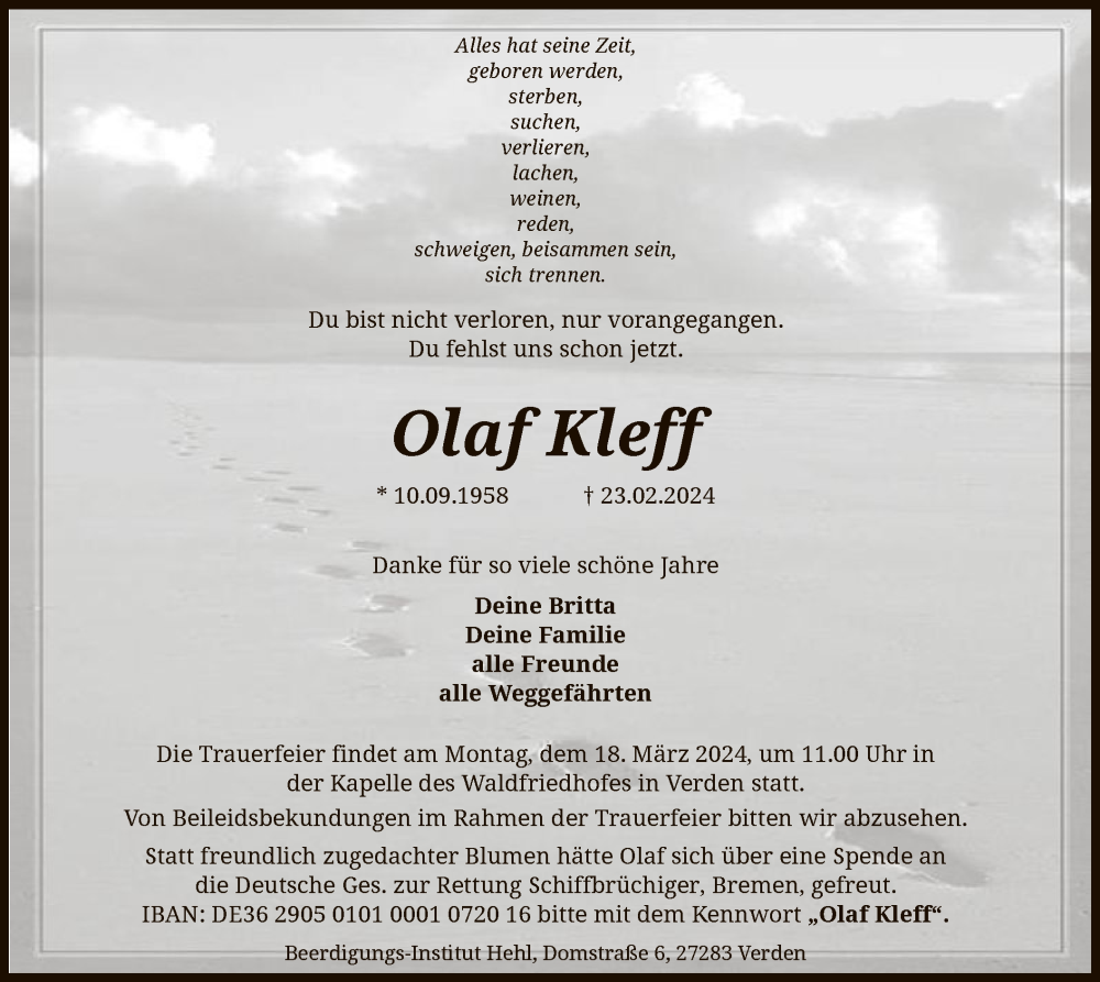  Traueranzeige für Olaf Kleff vom 09.03.2024 aus SYK