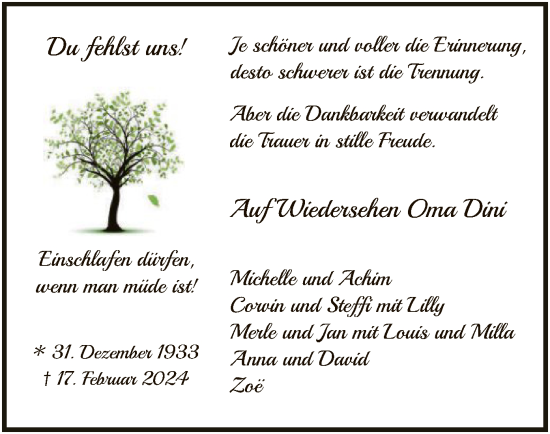 Traueranzeige von Oma Dini  von SYK