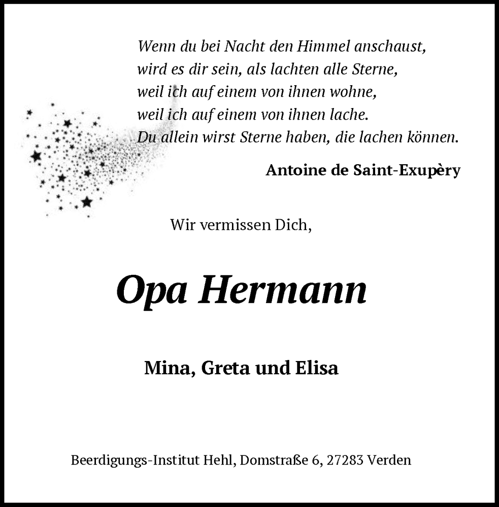 Traueranzeige für Opa Hermann  vom 16.03.2024 aus SYK