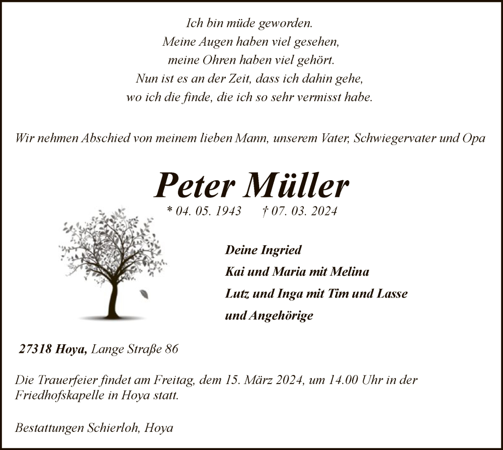  Traueranzeige für Peter Müller vom 12.03.2024 aus SYK