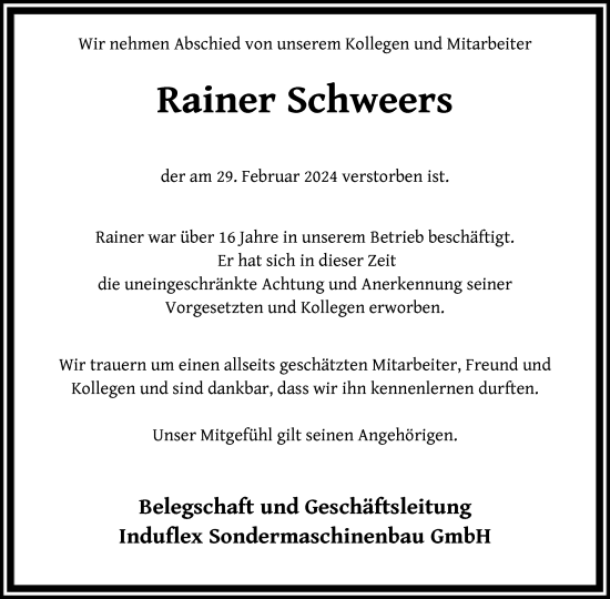 Traueranzeige von Rainer Schweers von SYKSYKSYK