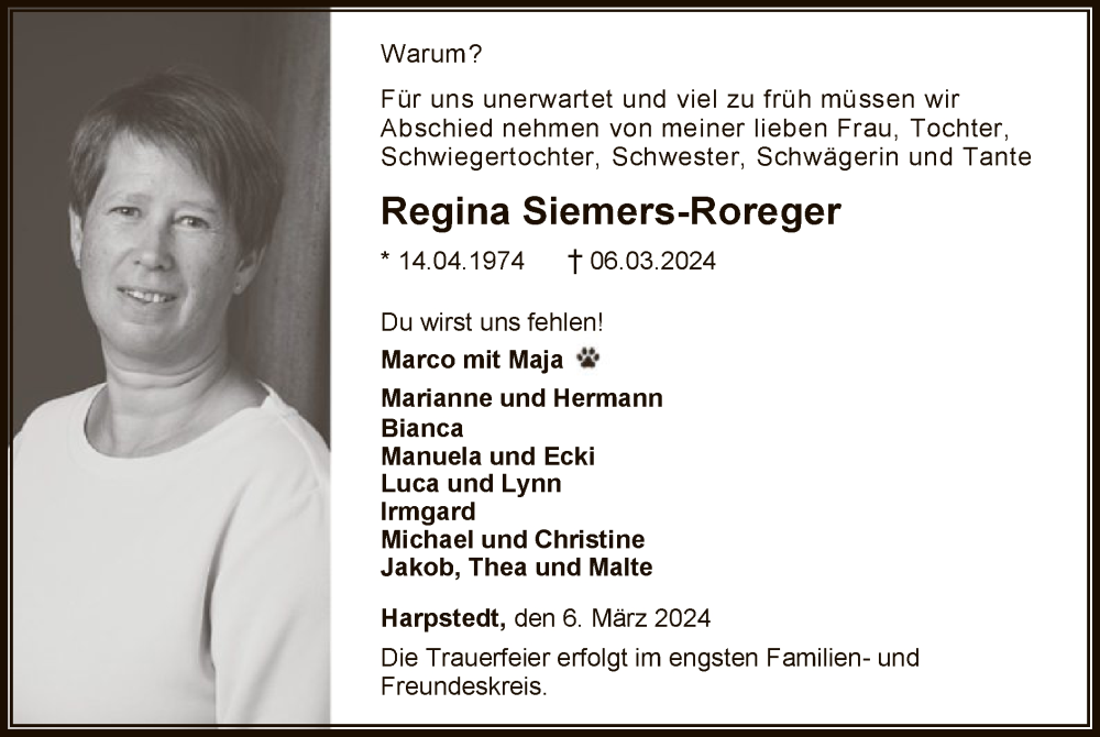  Traueranzeige für Regina Siemers-Roreger vom 09.03.2024 aus SYKSYK