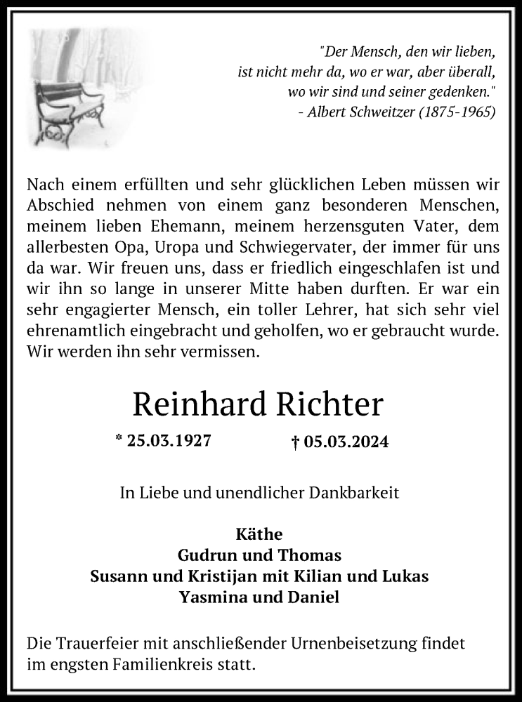  Traueranzeige für Reinhard Richter vom 16.03.2024 aus SYK