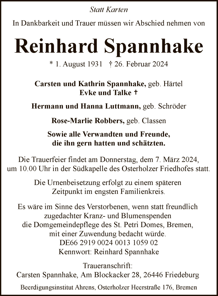  Traueranzeige für Reinhard Spannhake vom 02.03.2024 aus SYK