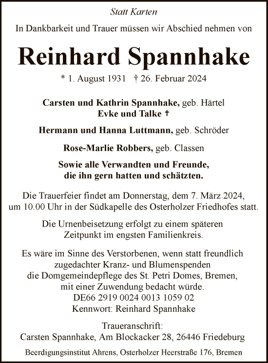 Traueranzeige von Reinhard Spannhake von SYK