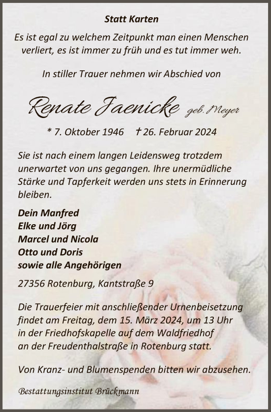 Traueranzeige von Renate Jaenicke von SYK