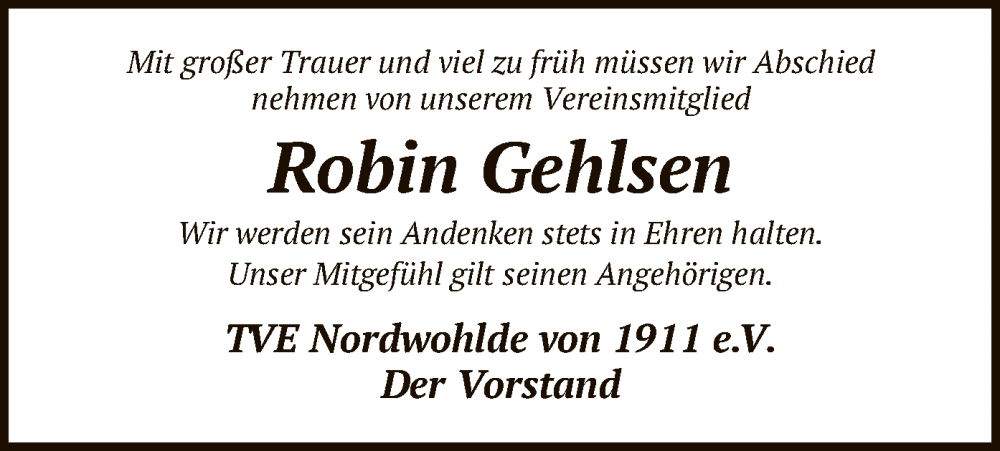  Traueranzeige für Robin Gehlsen vom 30.03.2024 aus SYK