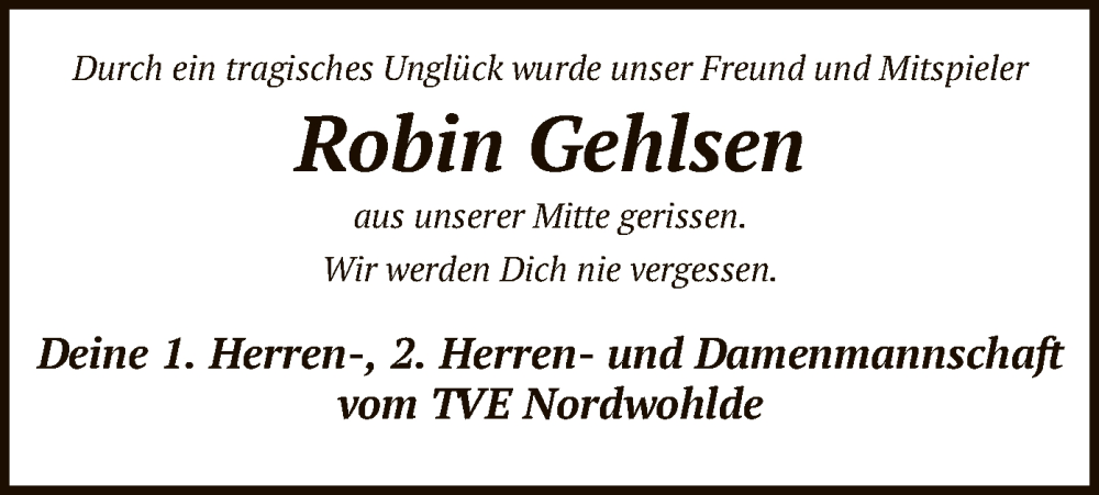  Traueranzeige für Robin Gehlsen vom 30.03.2024 aus SYK