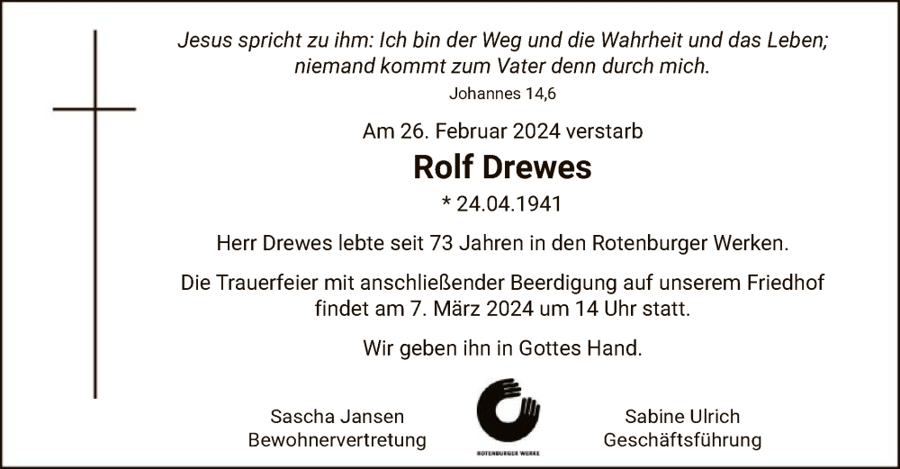  Traueranzeige für Rolf Drewes vom 02.03.2024 aus SYK