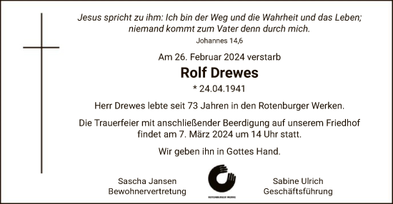 Traueranzeige von Rolf Drewes von SYK
