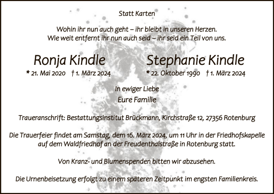 Traueranzeige von Ronja und Stephanie Kindle von SYK